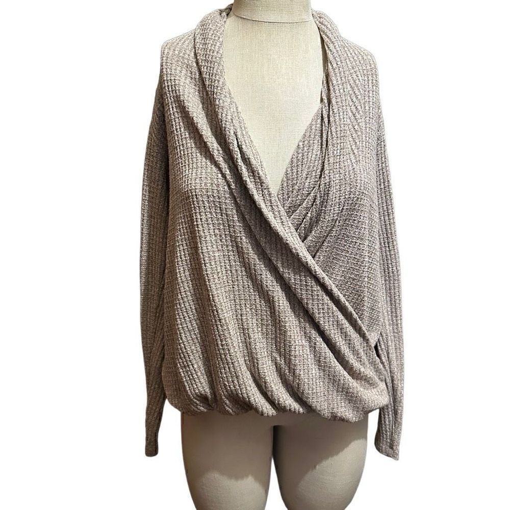 Akemi + Kin Anthropologie Woodruff Beige Tan Waffle Wrap Front Sweater Size S